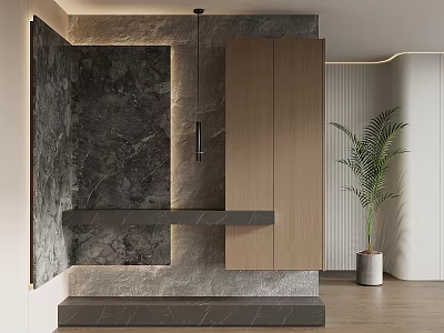 Modern Entryway Cabinet And Side Cabinet With Marble Wall Wooden Finish And Decorative Plant 3d model