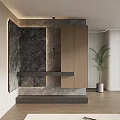 Modern Entryway Cabinet And Side Cabinet With Marble Wall Wooden Finish And Decorative Plant