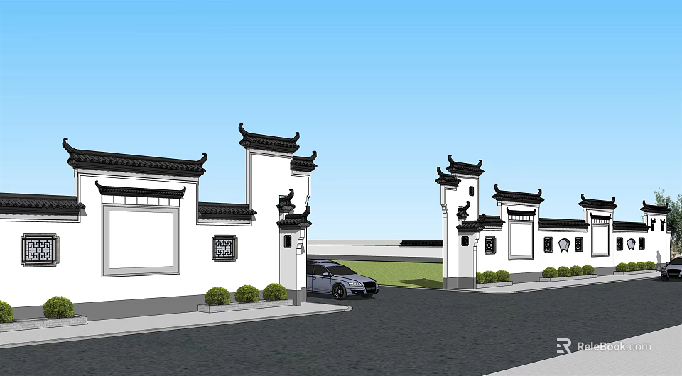 Chinese Style Scenic Wall With Traditional Roof And Carved Window Panels At Entrance Area 3d model 