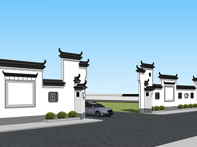 Chinese Style Scenic Wall With Traditional Roof And Carved Window Panels At Entrance Area 3d model