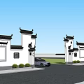 Chinese Style Scenic Wall With Traditional Roof And Carved Window Panels At Entrance Area