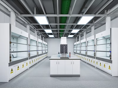 Modern Laboratory Interior Featuring White Cabinets Central Workbench Green Pipes And Ceiling Lights 3d model