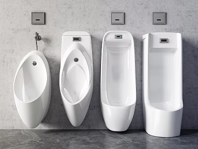 White Wall Mounted Urinals With Different Modern Designs In Bathroom 3d model