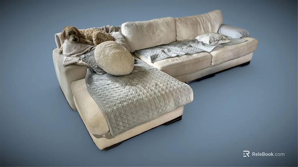Modern Sectional Sofa With Soft Beige Fabric Cushions And Decorative Throw Blanket 3d model 