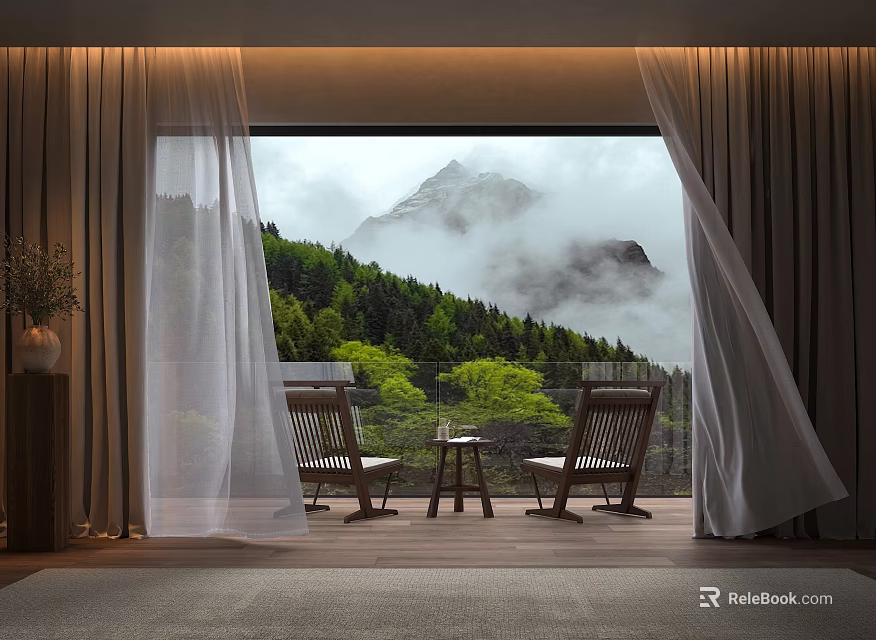 Open Light Fabric Curtains in Room With Mountain Forest View and Wooden Chairs 3d model 