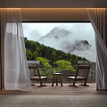 Open Light Fabric Curtains in Room With Mountain Forest View and Wooden Chairs