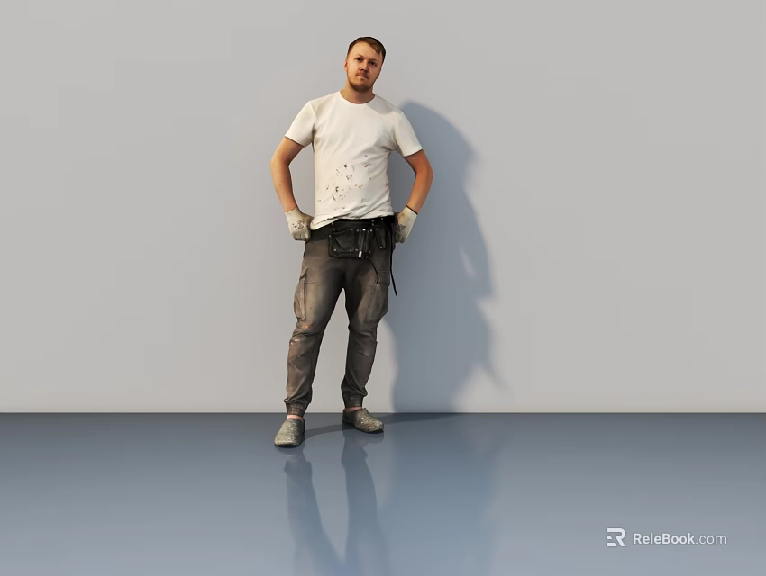 Man Wearing White T-Shirt Gray Pants Work Gloves And Tool Belt Standing Against Gray Background 3d model 