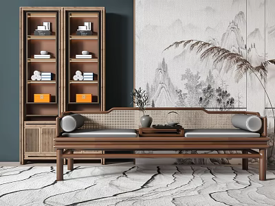 Traditional Chinese Arhat Bed With Wooden Cabinet Landscape Painting Marble Rug And Soft Cushions 3d model