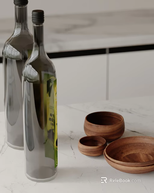 Modern Decorative Ornament Set With Glass Bottles And Wooden Bowls On Marble Countertop 3d model 