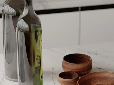 Modern Decorative Ornament Set With Glass Bottles And Wooden Bowls On Marble Countertop 3d model