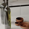 Modern Decorative Ornament Set With Glass Bottles And Wooden Bowls On Marble Countertop