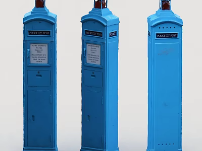 Three Blue Post Office Public Facilities With Red Top Lights Mail Slots And Information Signs 3d model