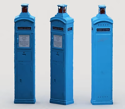 Three Blue Post Office Public Facilities With Red Top Lights Mail Slots And Information Signs 3d model