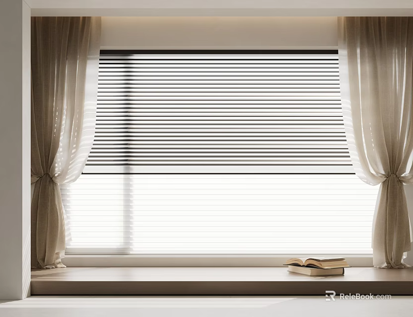 Beige Curtains With Window Blinds And Books On Window Sill In Natural Light 3d model 
