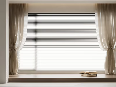 Beige Curtains With Window Blinds And Books On Window Sill In Natural Light 3d model