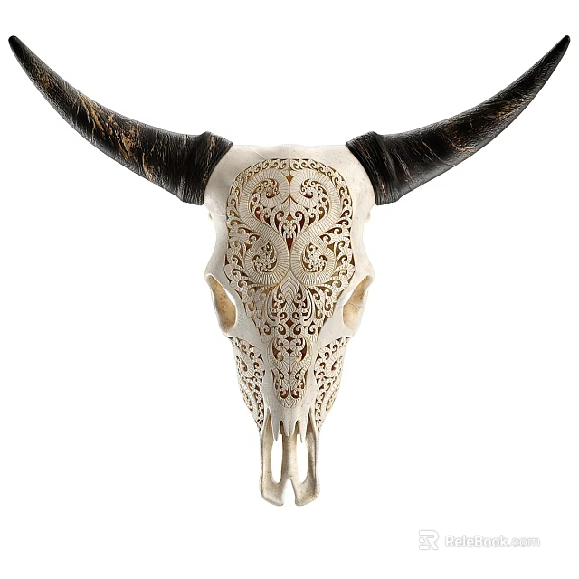 Decorative White Bull Skull With Intricate Carved Patterns And Black Horns 3d model 
