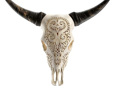 Decorative White Bull Skull With Intricate Carved Patterns And Black Horns 3d model