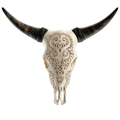 Decorative White Bull Skull With Intricate Carved Patterns And Black Horns 3d model
