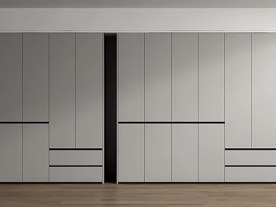 Modern Minimalist Wardrobe With Sliding Doors And Drawers On Wooden Floor 3d model
