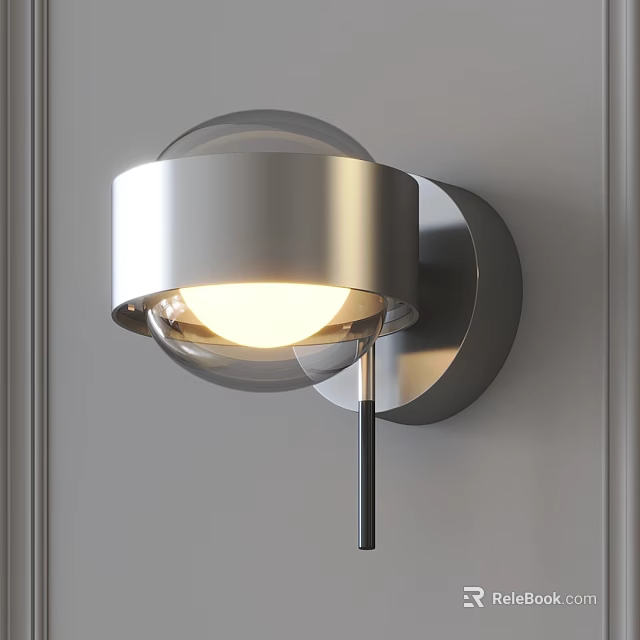 Modern Sleek Metallic Round Wall Lamp Design With Illuminated Globe On Grey Wall 3d model 