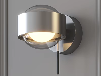 Modern Sleek Metallic Round Wall Lamp Design With Illuminated Globe On Grey Wall 3d model