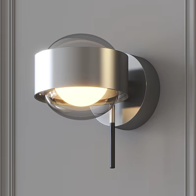 Modern Sleek Metallic Round Wall Lamp Design With Illuminated Globe On Grey Wall 3d model