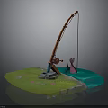 Colorful Fishing Rod Setup On Grassy Base With Blue Water Area And Pink Fish