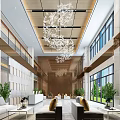 Modern Spacious Hotel Lobby With Wooden Ceiling Chandelier Sofa Seating And Green Plants