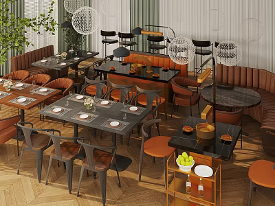Modern Restaurant Interior With Stylish Table And Chair Sets Booth Seating And Pendant Lights 3d model
