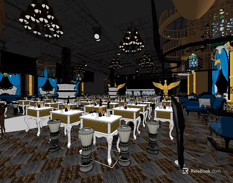 Elegant Bar Interior Design With Chandeliers Spiral Staircase Tables And Blue Golden Decor 3d model 