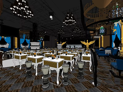 Elegant Bar Interior Design With Chandeliers Spiral Staircase Tables And Blue Golden Decor 3d model