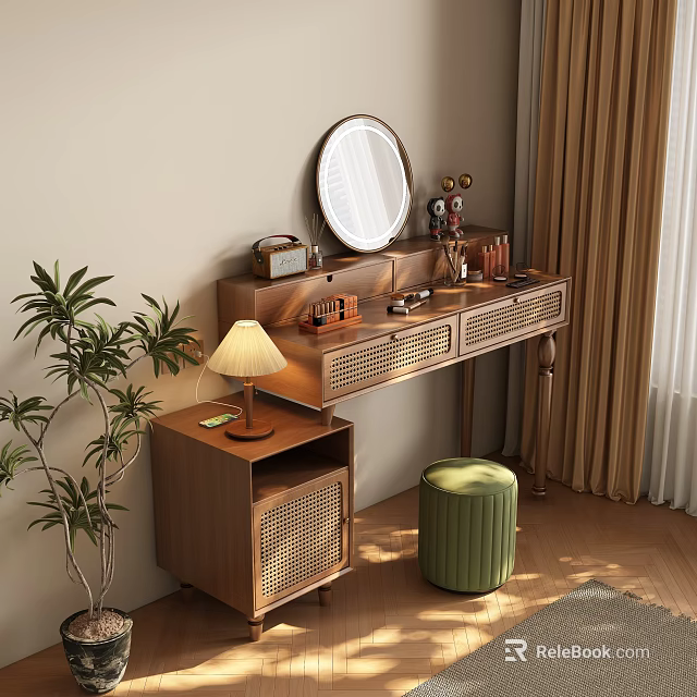 Modern Wooden Dressing Table with Round Mirror Table Lamp Green Stool and Drawers 3d model 