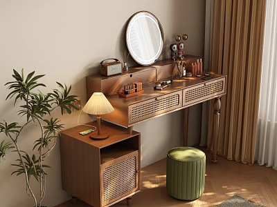 Modern Wooden Dressing Table with Round Mirror Table Lamp Green Stool and Drawers 3d model
