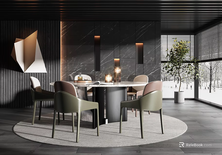 Modern Restaurant Interior With Black Wall Wooden Ceiling Round Dining Table And Snowy View 3d model 
