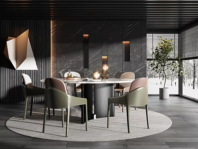 Modern Restaurant Interior With Black Wall Wooden Ceiling Round Dining Table And Snowy View 3d model