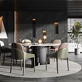 Modern Restaurant Interior With Black Wall Wooden Ceiling Round Dining Table And Snowy View