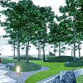 Serene Garden Landscape With Lush Trees Curved Pathway And Stone Decorations