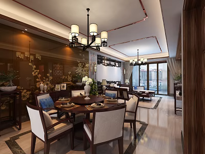 Traditional Chinese Dining and Living Room Interior With Chandelier Dining Table And Decorative Items 3d model