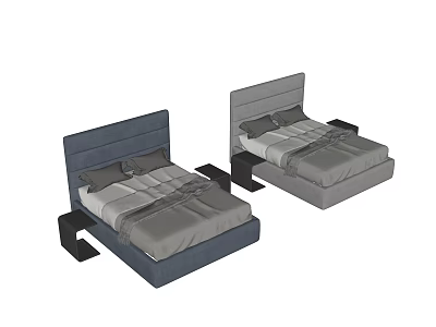Modern Upholstered Double Bed With Navy Blue And Gray Headboard And Bedding 3d model
