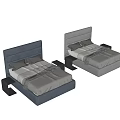 Modern Upholstered Double Bed With Navy Blue And Gray Headboard And Bedding