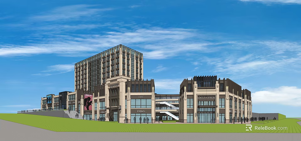 Modern Commercial Street Featuring High Rise Building Retail Shops And Green Lawn 3d model 