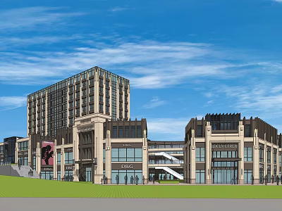 Modern Commercial Street Featuring High Rise Building Retail Shops And Green Lawn 3d model