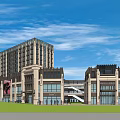 Modern Commercial Street Featuring High Rise Building Retail Shops And Green Lawn