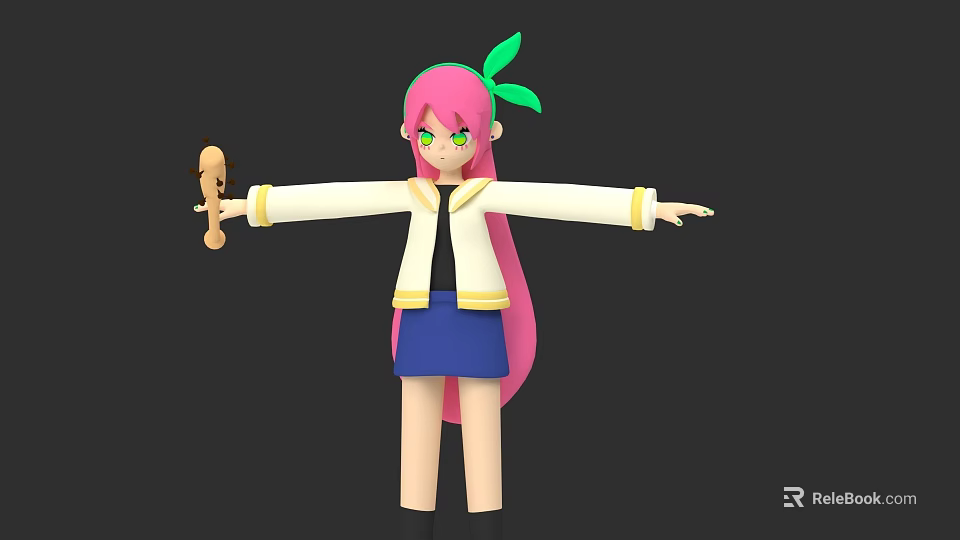 3D Game Character With Pink Long Hair Green Accessory White Coat Blue Skirt Holding Staff 3d model 