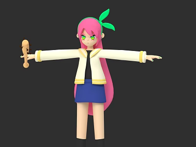 3D Game Character With Pink Long Hair Green Accessory White Coat Blue Skirt Holding Staff 3d model