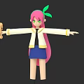 3D Game Character With Pink Long Hair Green Accessory White Coat Blue Skirt Holding Staff