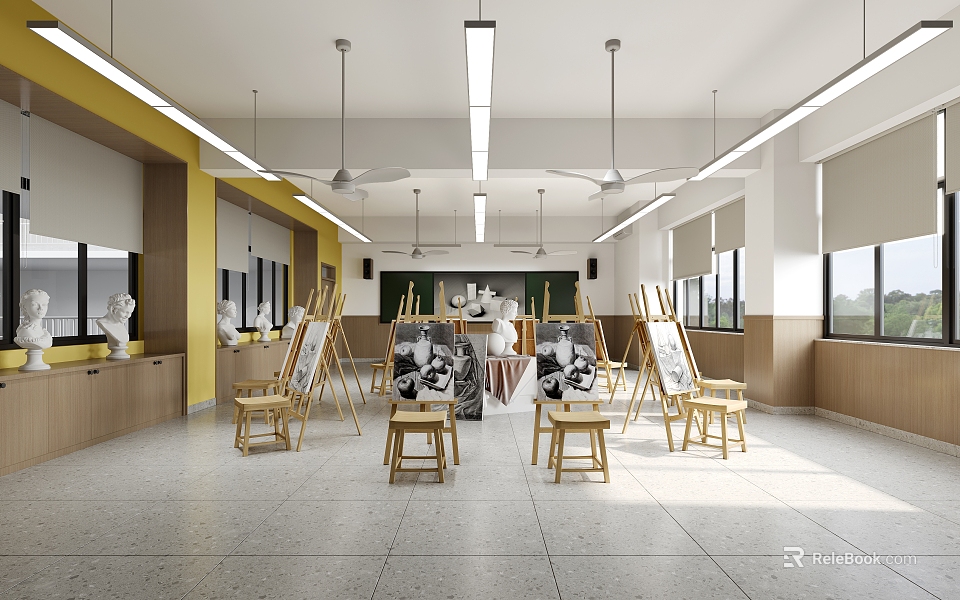 School Art Classroom With Easels Artworks And Sculptures 3d model 