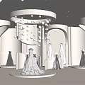 Bridal Shop Showcasing Elegant White Wedding Dresses Circular Chandelier And Arched Doorways