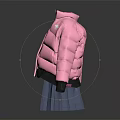 Pink Puffer Jacket Outfit with Red Tie and Blue Pleated Skirt Casual Style