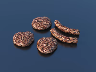 Appetizing Fresh Juicy Hamburger Patties and Sausages with Textured Surface on Dark Background 3d model